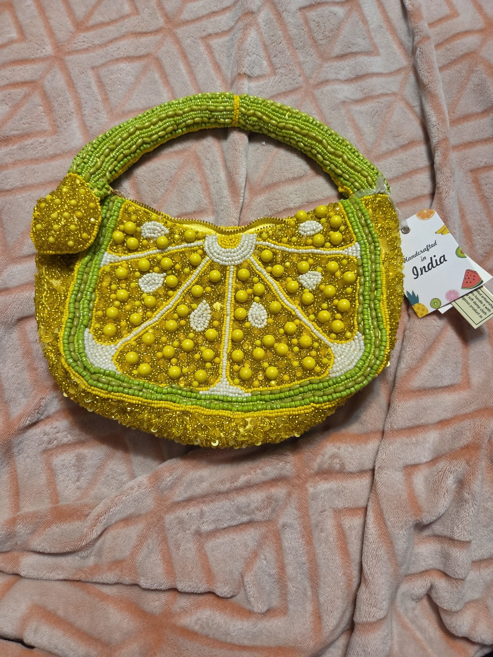 Handcrafted Yellow Beaded Lemon Slice Shoulder Bag